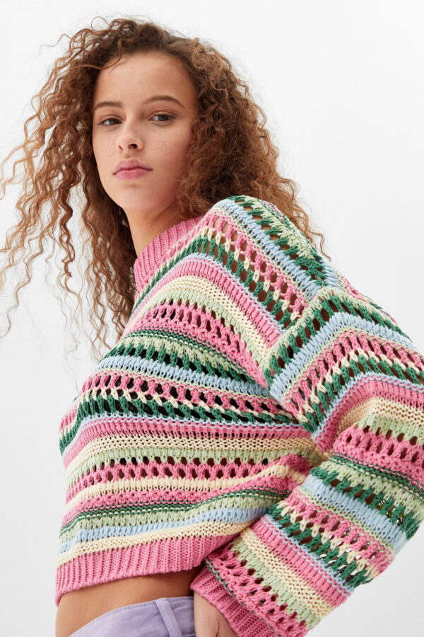 Multicolored Open-Knit Crewneck Sweater - Image 4